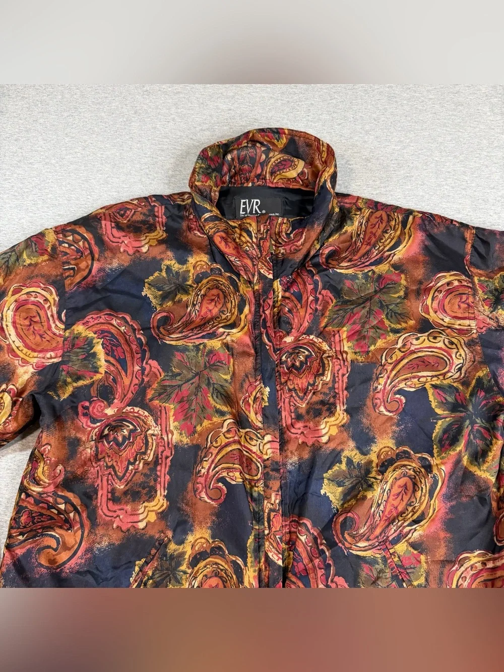 VTG 90s EVR Div Rousso 100% Silk Bomber Jacket All Print Small Paisley Leaf Fall